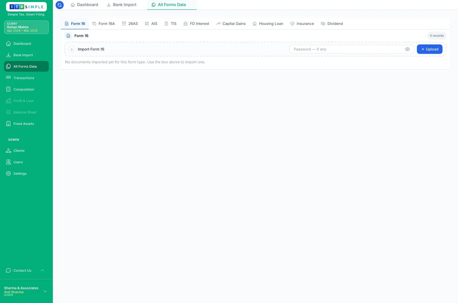 All Forms Data screen with tabs for Form 16, 26AS, AIS, TIS and more