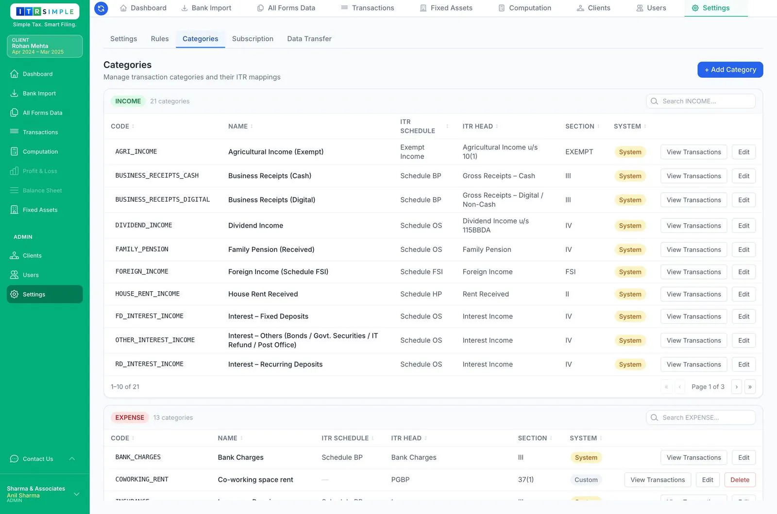 Categories screen showing income and expense categories with ITR mappings