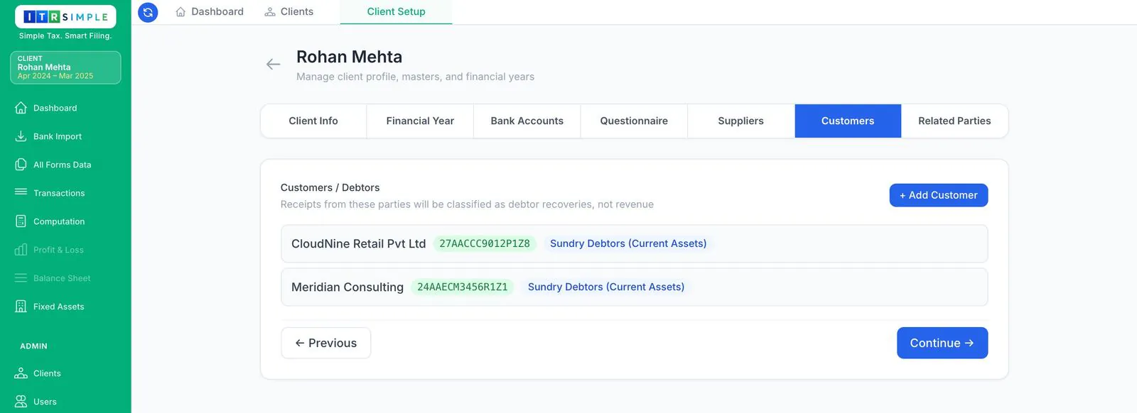 Customers tab listing two debtors with GSTIN and Sundry Debtors group