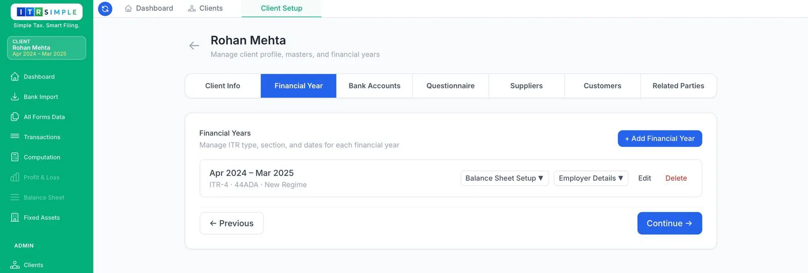 Financial Year tab listing the year with ITR-4 / 44ADA / New Regime