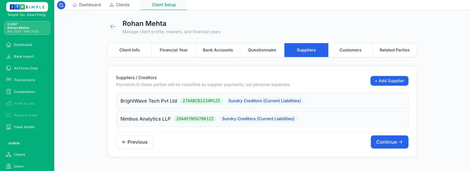 Suppliers tab listing two vendors with GSTIN and Sundry Creditors group