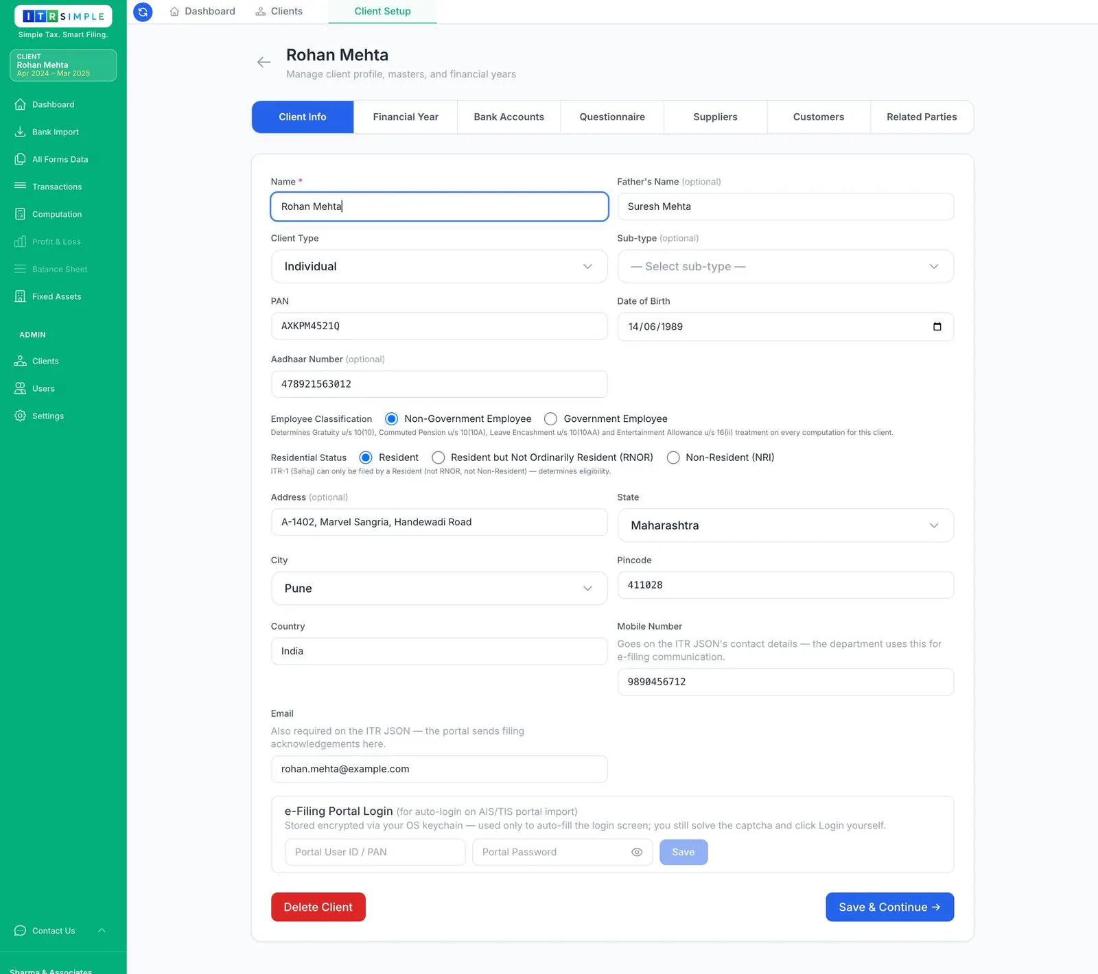 Client Info tab - name, PAN, DOB, residency and employee classification