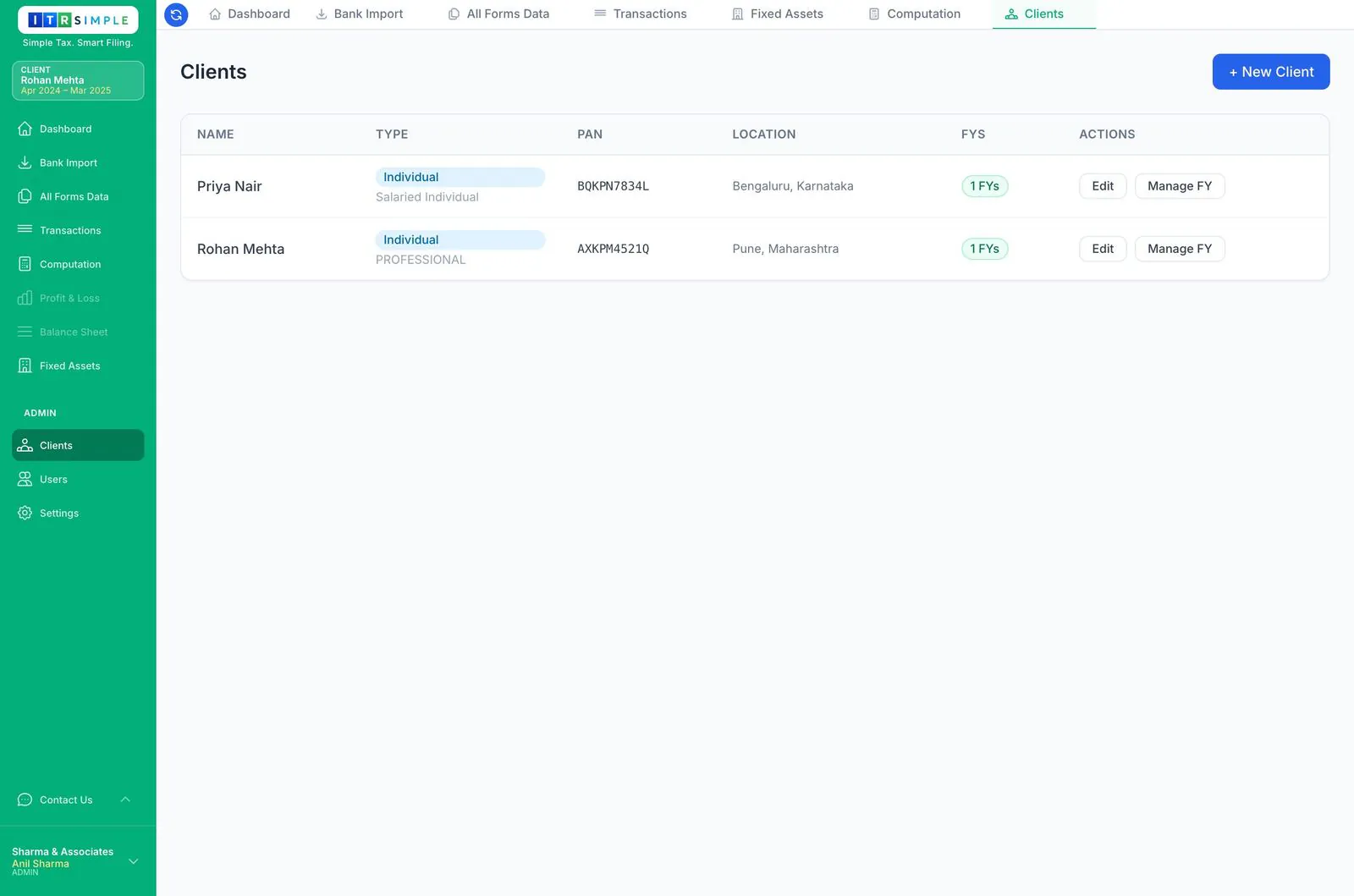 Practice client list with type, PAN, location and manage actions