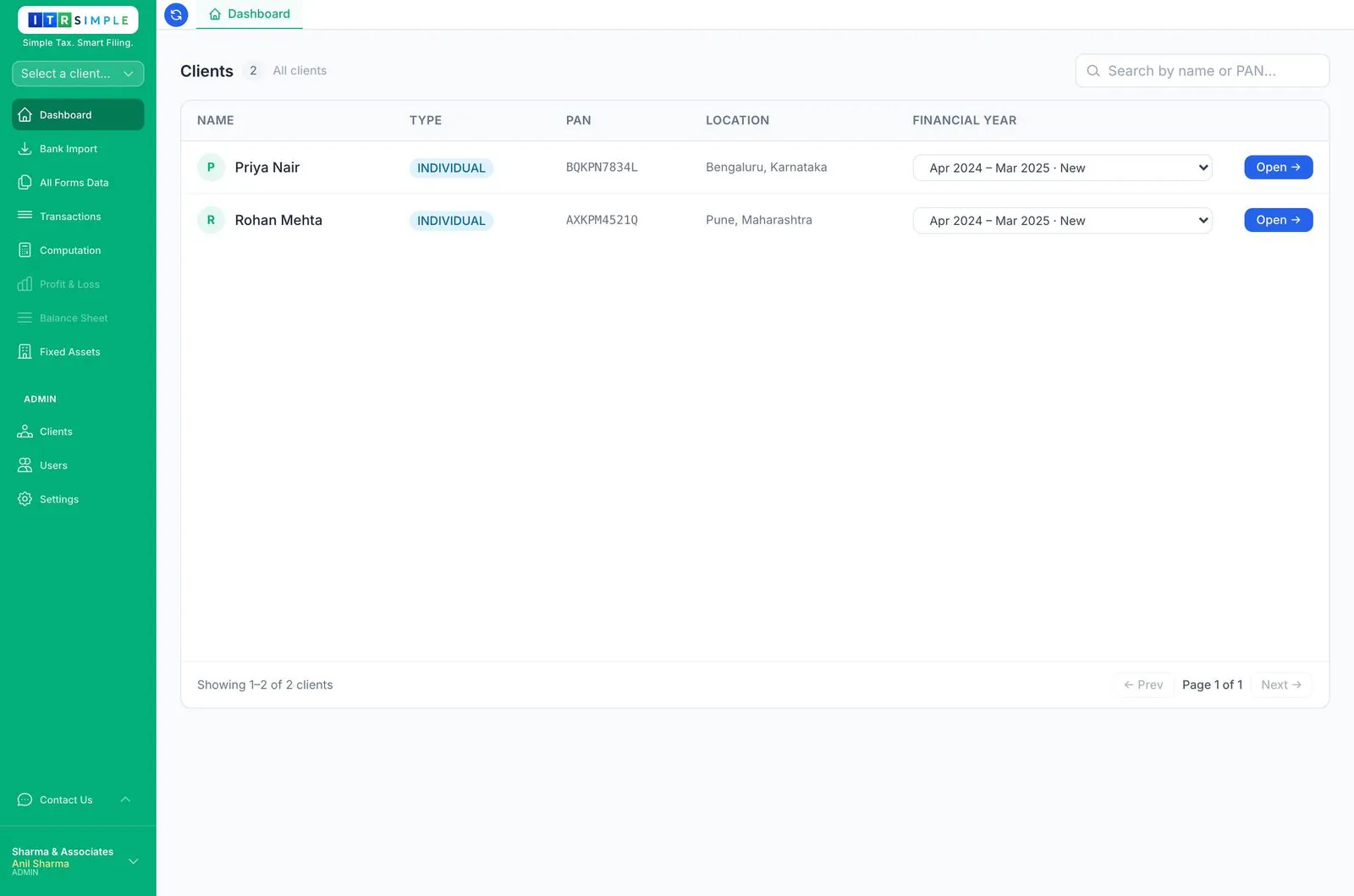 Post-login client picker with per-client financial-year dropdown and Open button