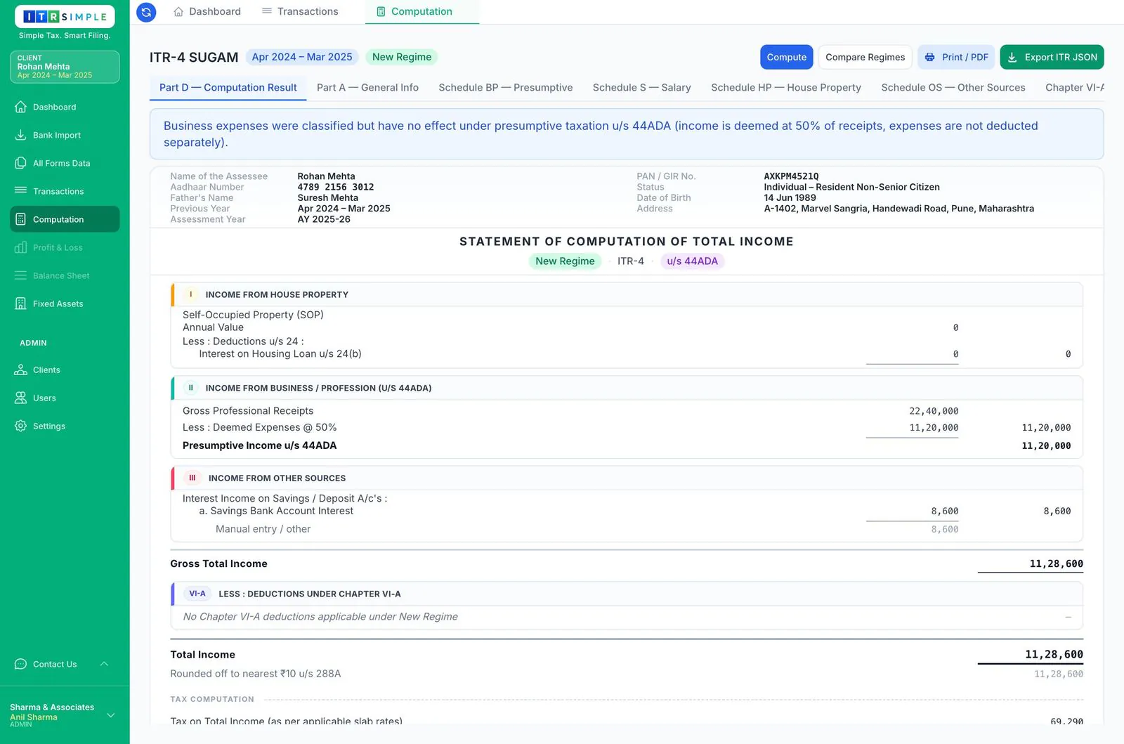 ITR-4 presumptive computation statement with income heads and tax breakdown