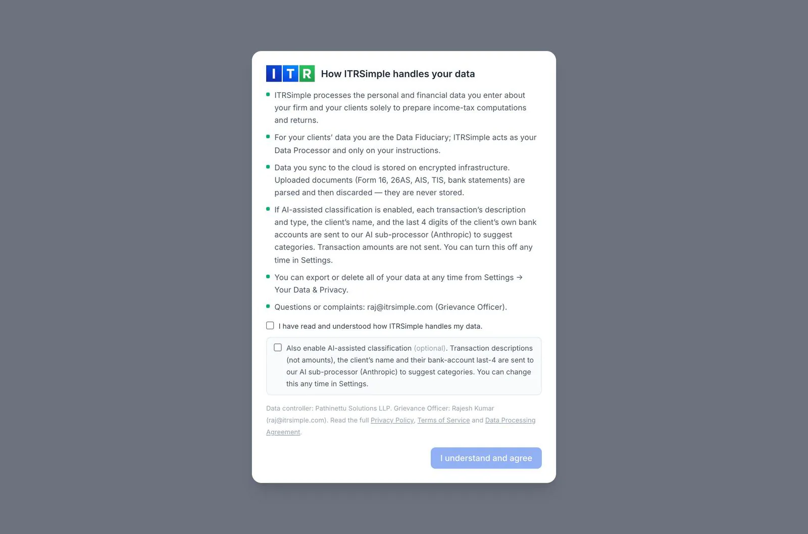 DPDP data-handling notice with read-and-understood and optional AI checkboxes