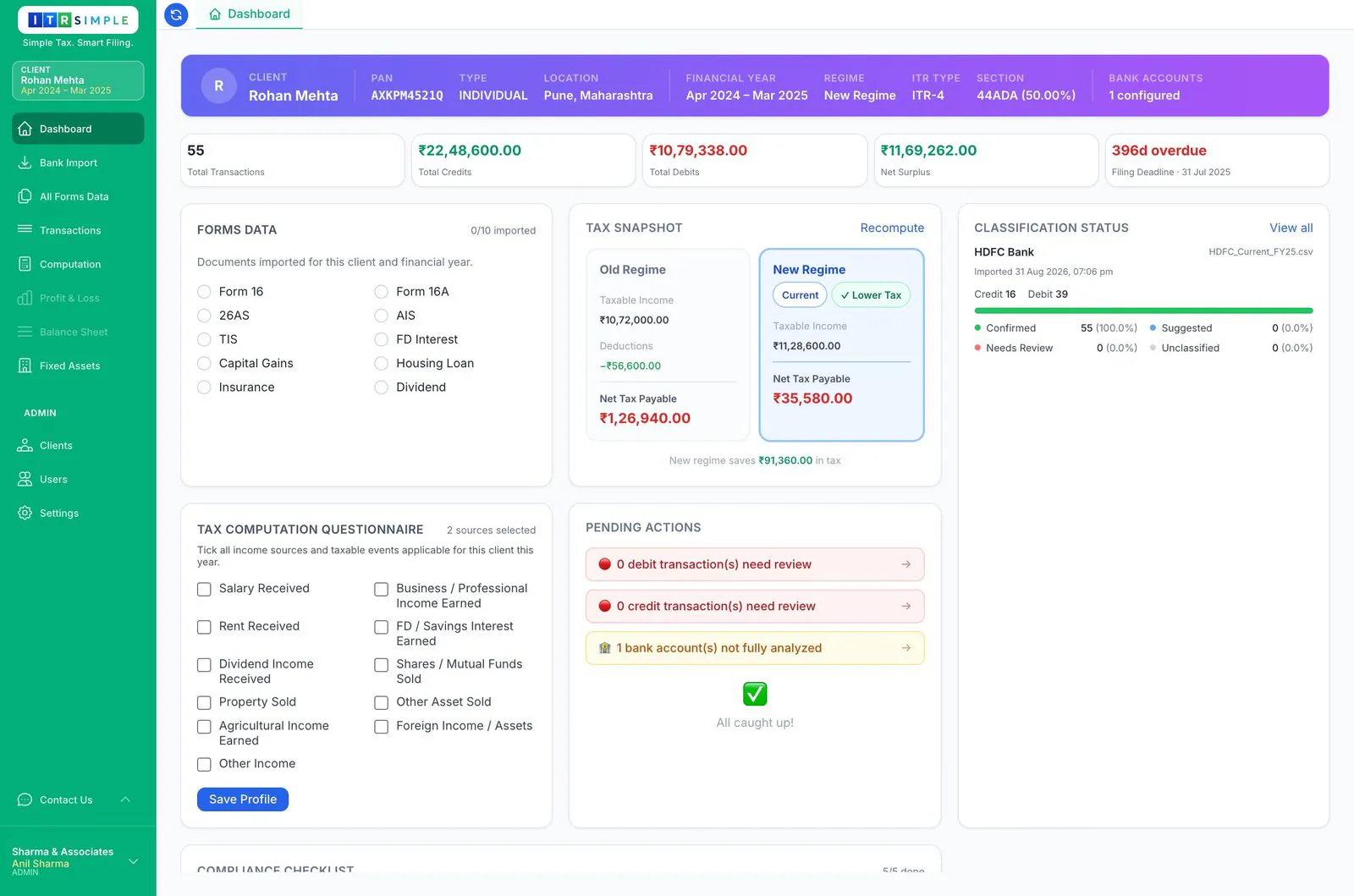 ITRSimple workspace - client dashboard with old vs new regime tax computation and AI transaction-classification status