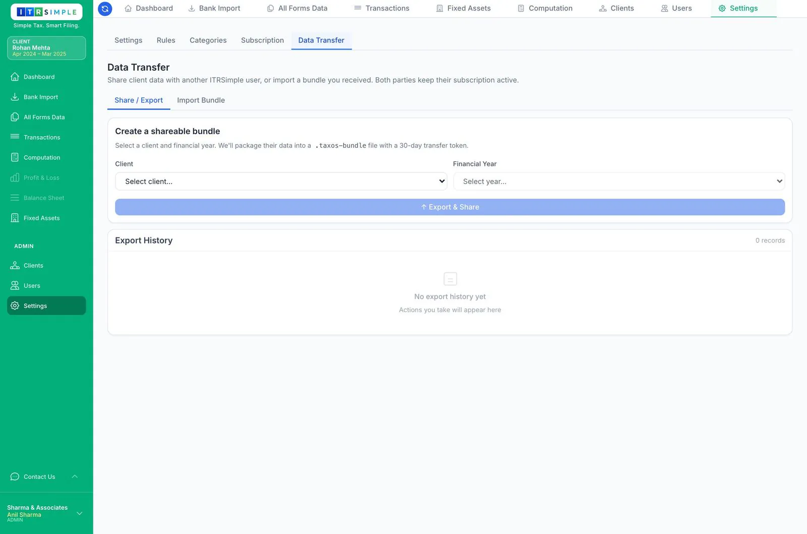 Data Transfer tab with create-bundle form and export history