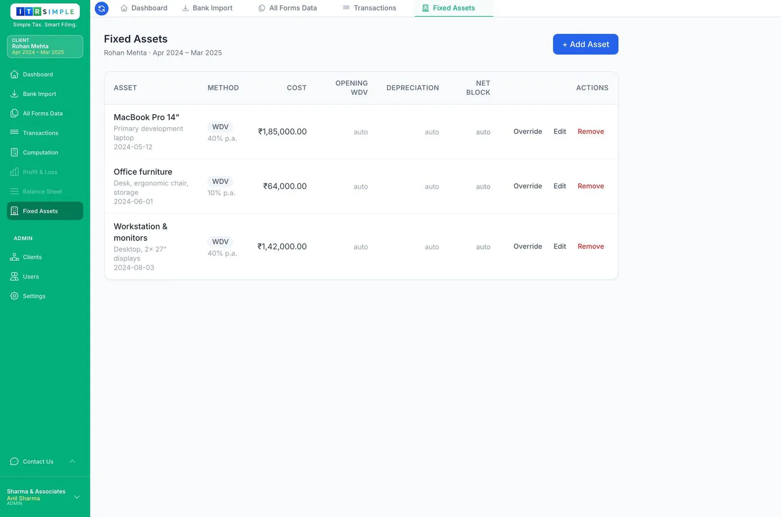 Fixed-asset register listing assets with method, cost and WDV columns