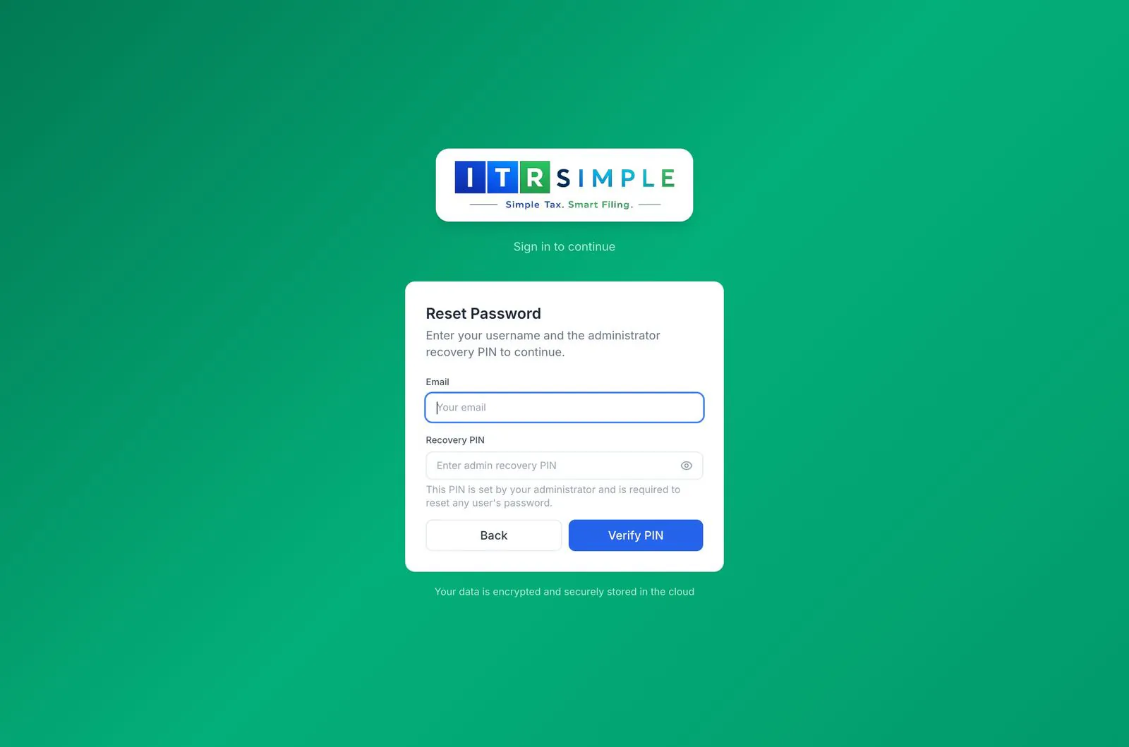 Reset-password screen asking for email and admin recovery PIN
