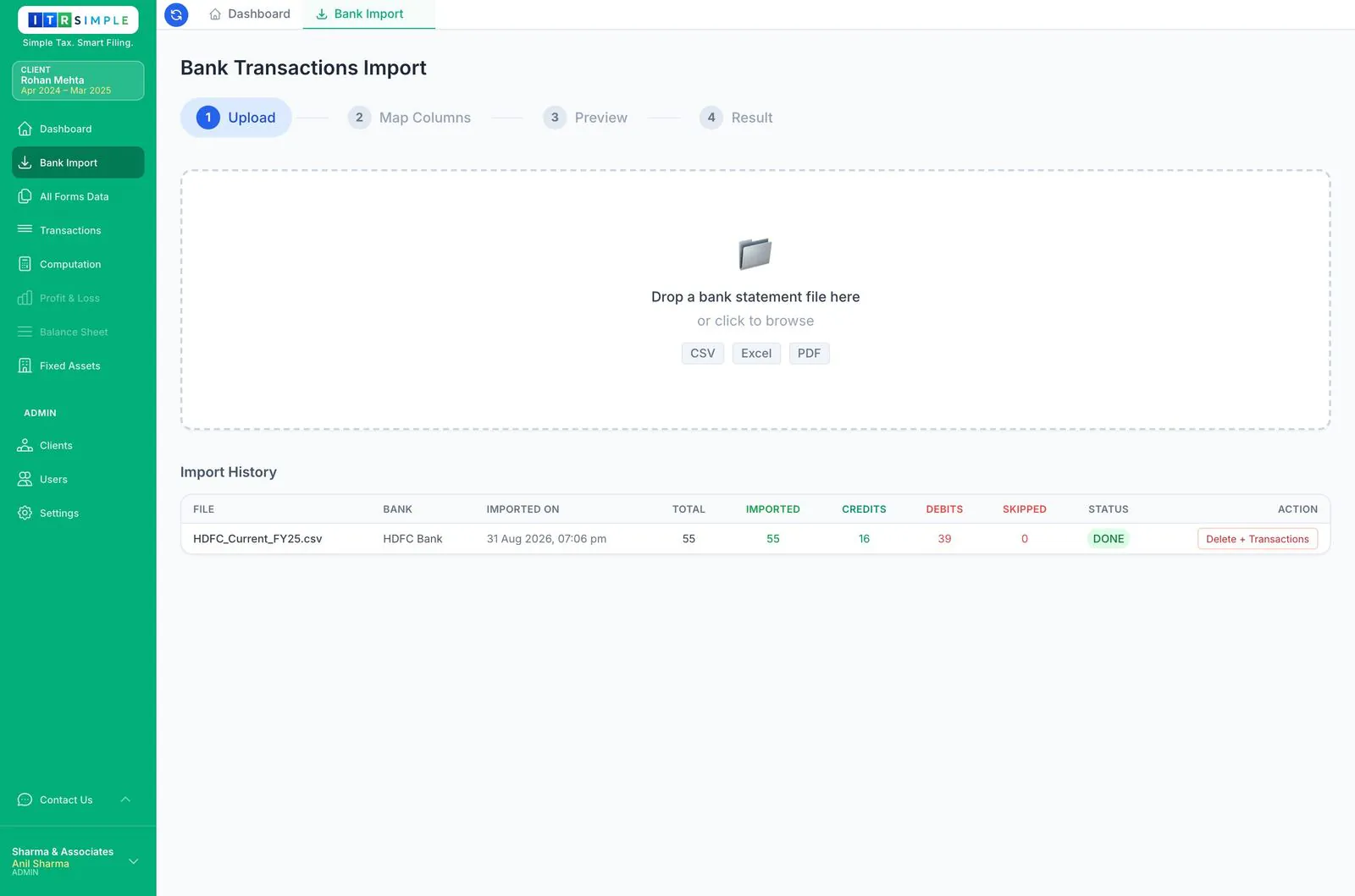 Bank import wizard on the upload step with import history below