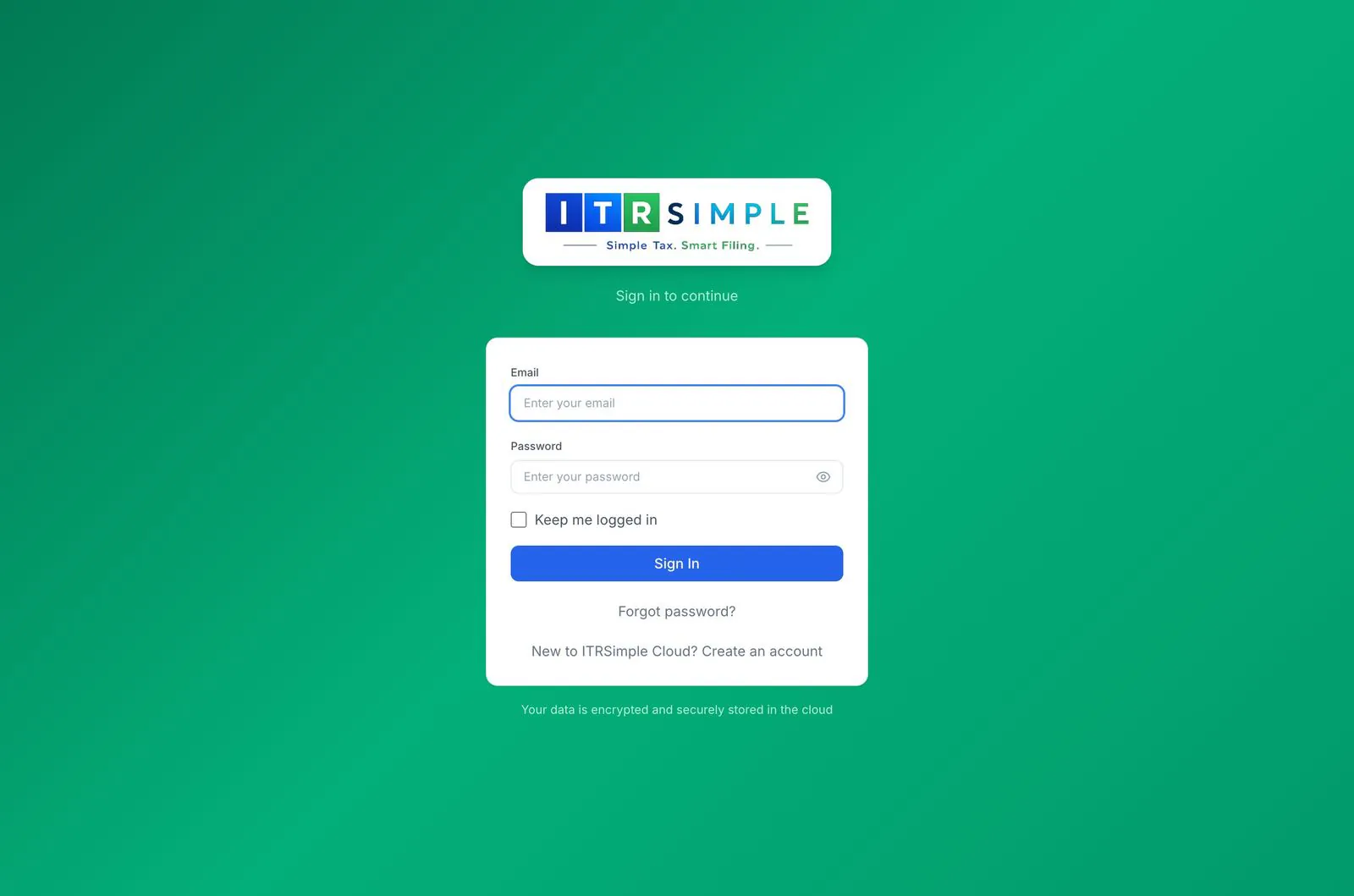 ITRSimple sign-in screen with email, password and keep-me-logged-in