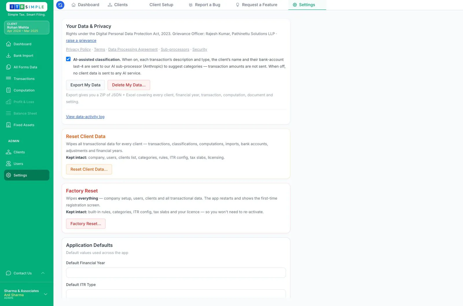 Your Data and Privacy card with export, delete, AI toggle and data-activity log