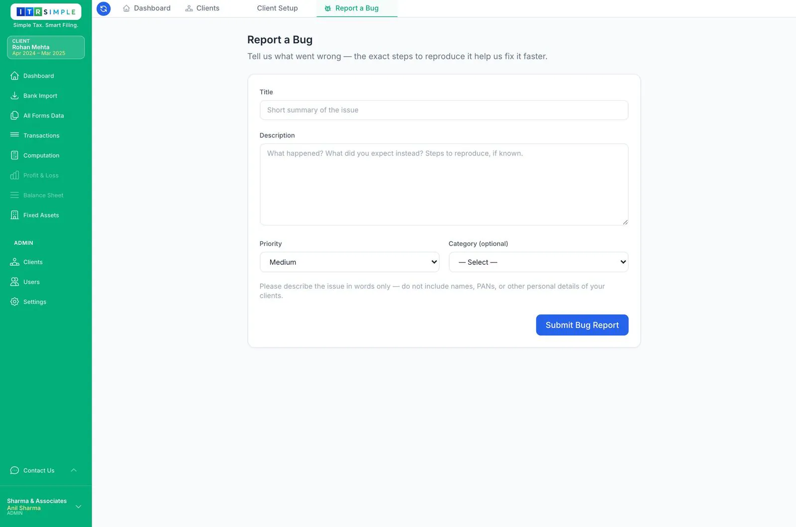 Report a bug form with title, description, priority and category