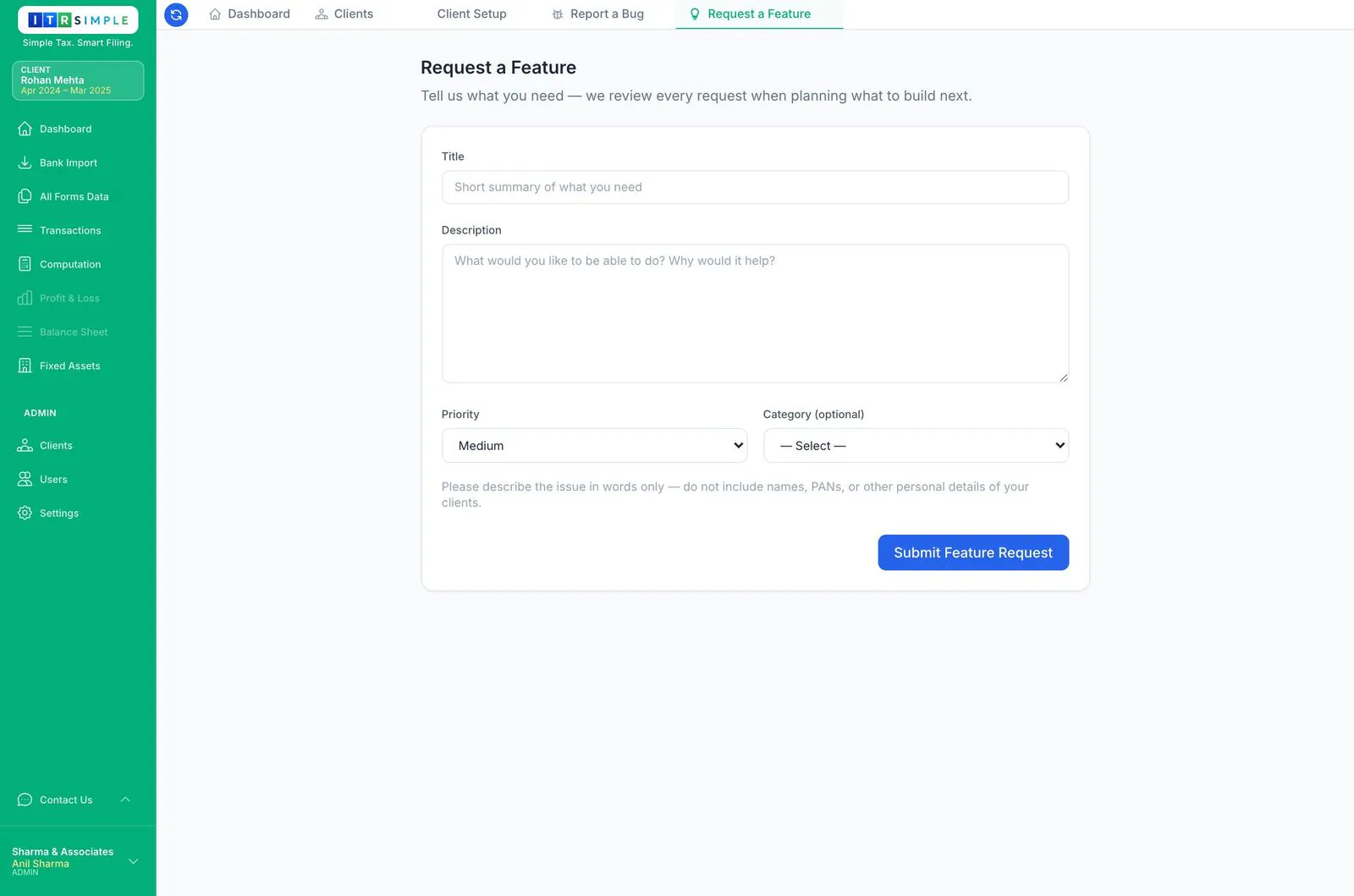 Request a feature form with title, description and priority