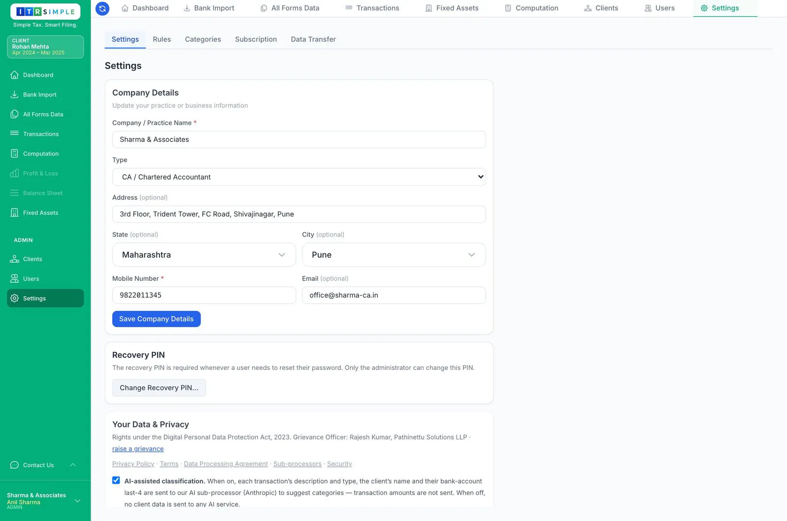 Settings tab with company details, recovery PIN and reset options