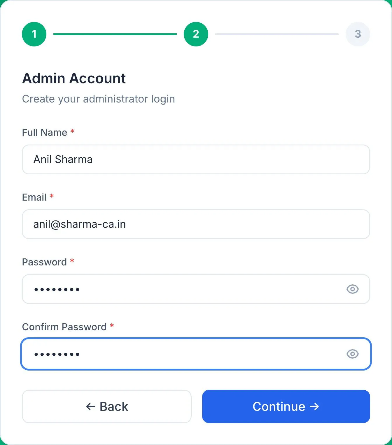 Setup wizard step 2 - Admin Account: full name, email and password