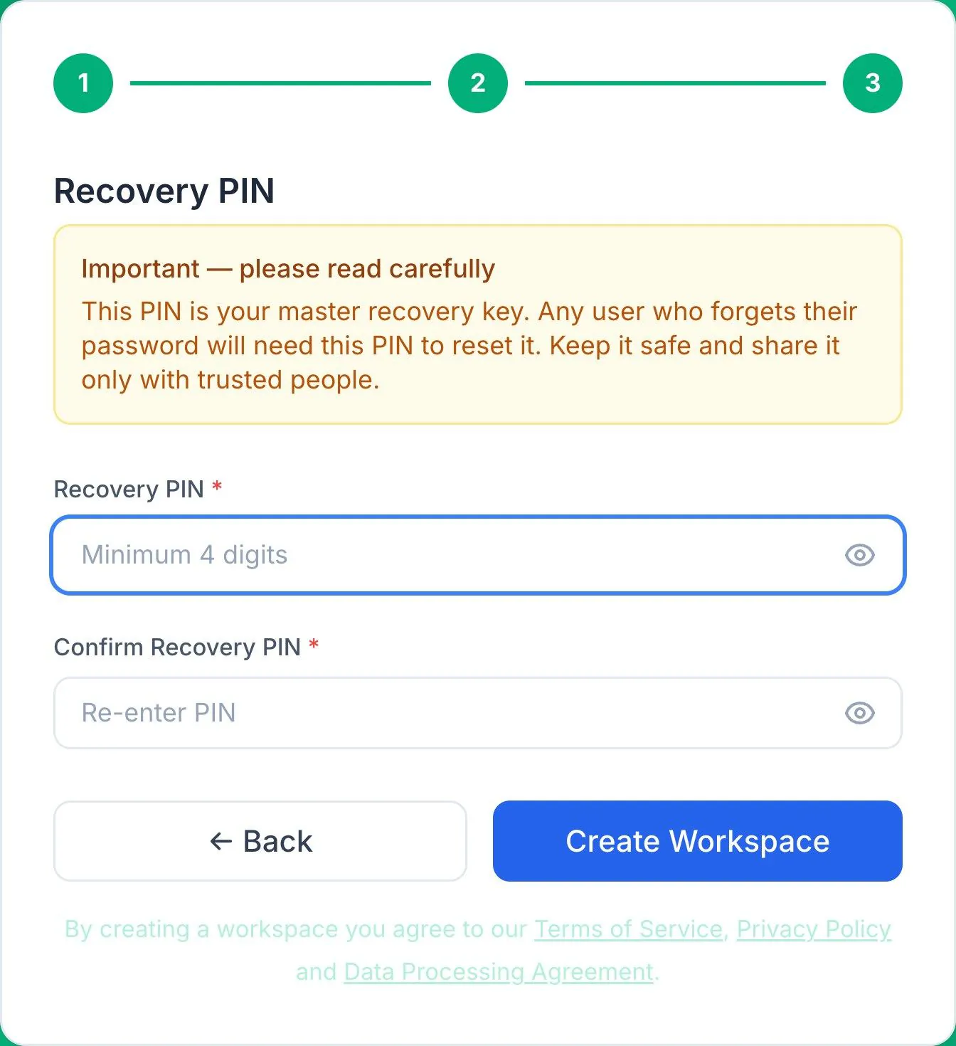 Setup wizard step 3 - Recovery PIN, and agreement to the Terms, Privacy Policy and DPA