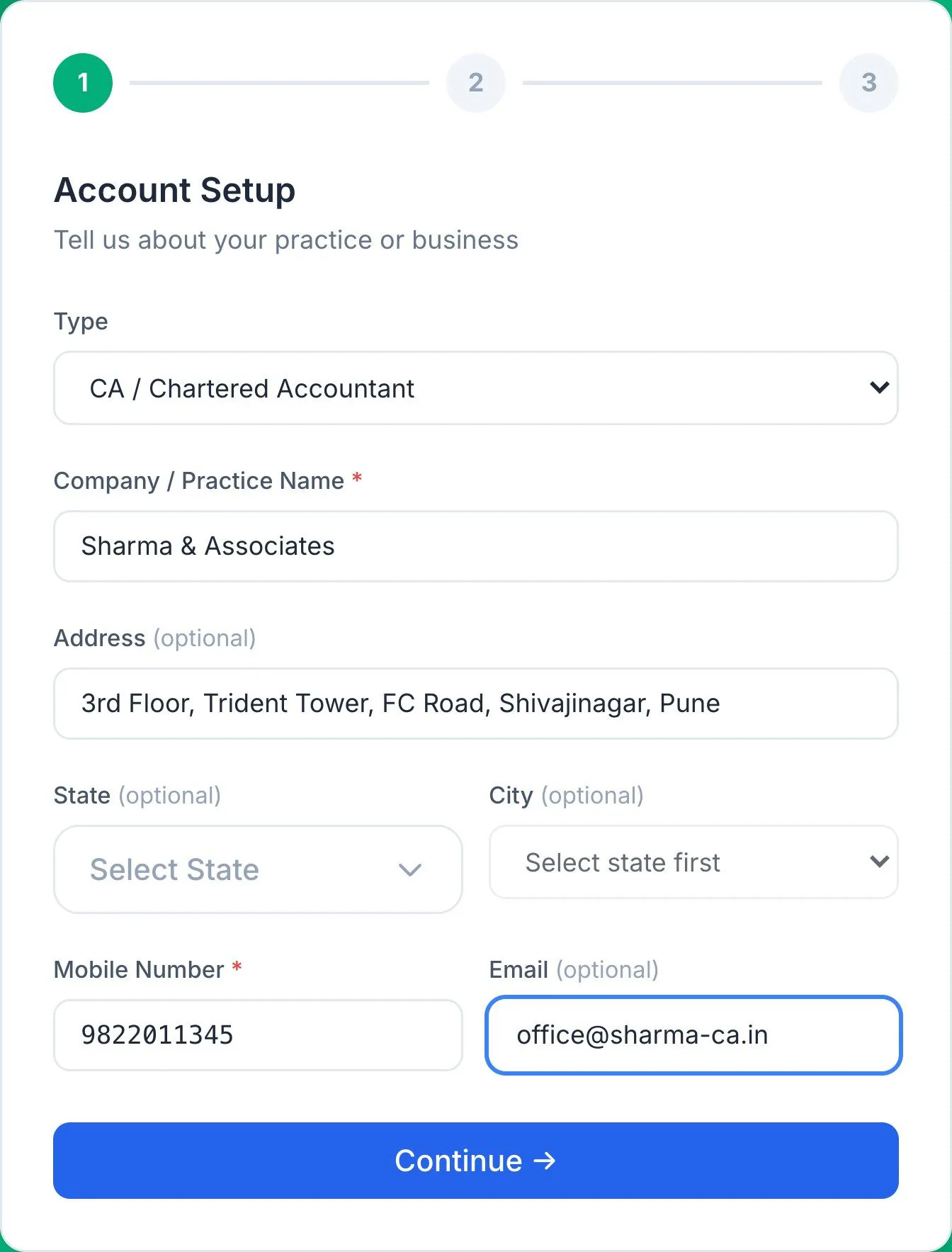 Setup wizard step 1 - Account Setup: practice type, name and contact details