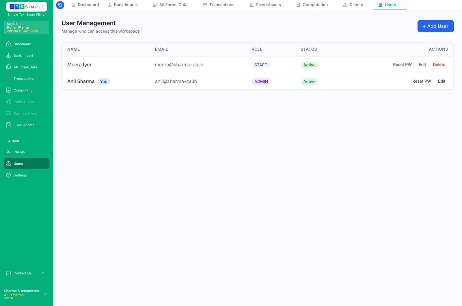 User management list with name, email, role and status
